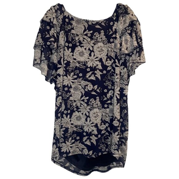 Joie de Vivre Blue Beige Floral Sheer Lined Flowy Flutter Sleeve Blouse Top 2X - Picture 3 of 9